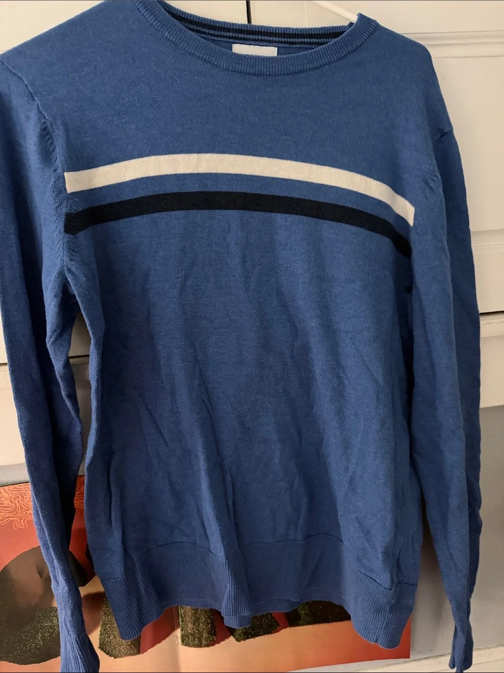Blue Crewneck Sweater with White and Navy Stripes